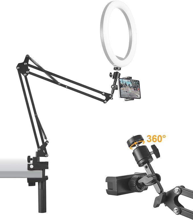 Phone Holder for Bed Desk, Flexible Camera Arm Desk Mount Clamp with Phone Holder and Ball Head, Overhead Tripod Mount for Camera Webcam Ring Light