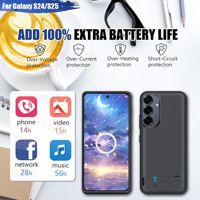 [New Battery Case for Samsung Galaxy S25 S24, 5000mAh Rechargeable Extended Battery Charging Charger Case, Add 100% Extra Juice (6.2 Inches) Black
