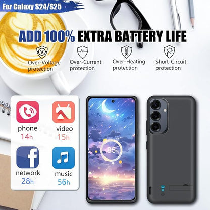 [New Battery Case for Samsung Galaxy S25 S24, 5000mAh Rechargeable Extended Battery Charging Charger Case, Add 100% Extra Juice (6.2 Inches) Black