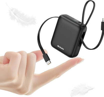 Hichain Small Portable Charger Mini Power Bank 10000mAh 22.5W Black | Built in Cables & LED Display USB-C Fast Charging Battery Pack, Travel Essential Power Bank for iPhone, iPad, Android