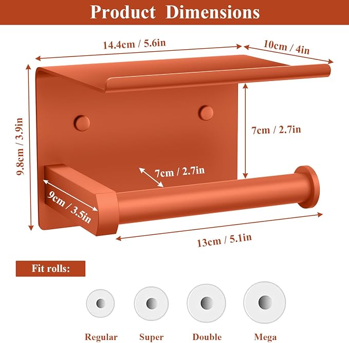 Tindbea Toilet Paper Holder with Shelf Adhesive or Screw Wall Mounted Toilet Paper Roll Dispenser Storage, Stainless Steel Bathroom Shelf Holder Accessories (Crimson)