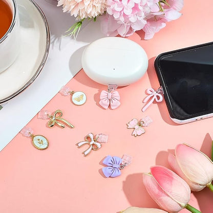 8Pcs Dust Plug Charm Type C Pink Bow Butterfly Compatible with Kindle E-Reader Phone Charging Ports Gift for Book Lover Readers Men Women Teachers Students