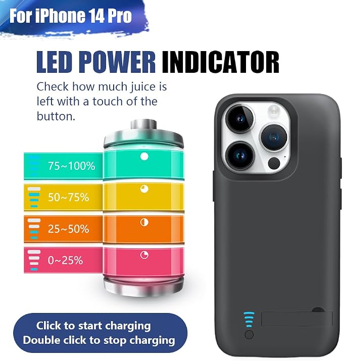 Battery Case for iPhone 14 Pro, 5000mAh Rechargeable Extended Battery Charging Charger Case, Add 100% Extra Juice (6.1 Inches) Black