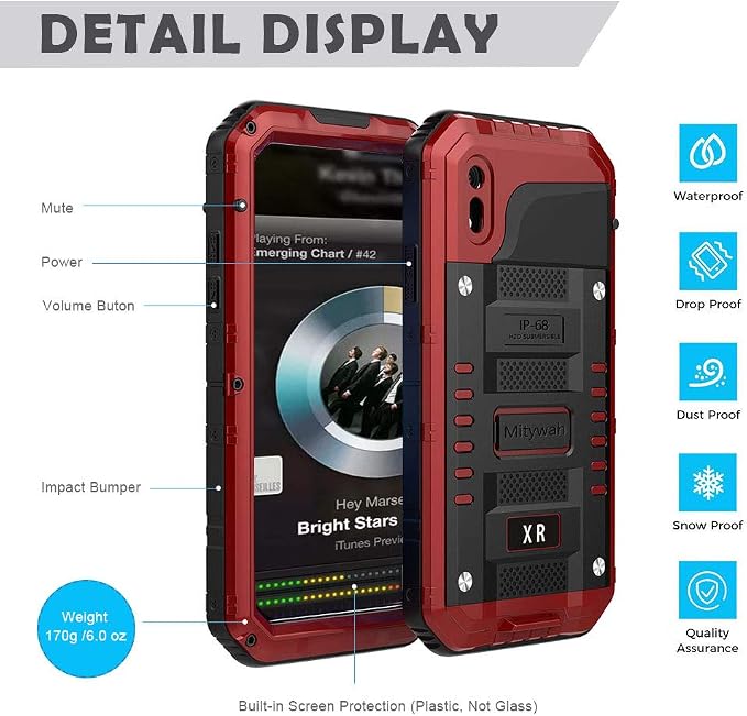 Mitywah Waterproof Case for iPhone XR, Heavy Duty Military Grade Shockproof Case with Built-in Screen Protector, Full Body Underwater Protective Metal Case 6.1 inch, Red