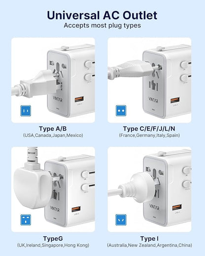 VINTAR 70W GaN Universal Travel Adapter, 5 in 1 with 3 USB-C PD& 1 USB-A QC | International Power Adapter with 70W GaN Fast Charging, All-in-one for EU UK USA AUS, Worldwide Travel Essentials, White