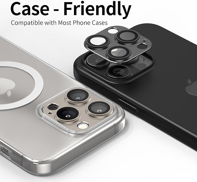 Camera Lens Protector for iPhone 14/15/16 Pro & Pro Max, Tempered Glass with Metal Alloy Frame, for 16 pro camera lens protector, Step Fitting Design, Black