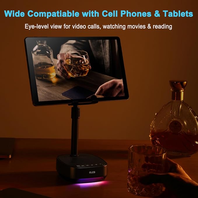 OLES Gifts for Men Women, Adjustable Cell Phone Stand with Wireless Bluetooth Speaker(7-11''Height), Unique Birthday Gifts for Dad Mom Him, Phone Holder Led Color Light for iPhone/Android/Tablets