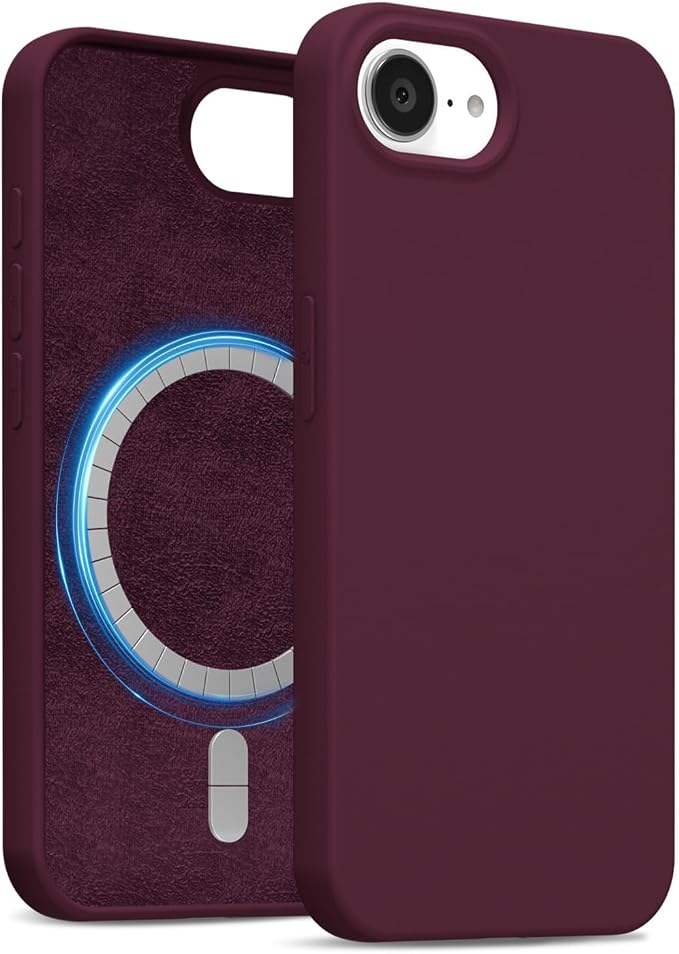 for iPhone 17e 16e Case Silicone Compatible with Magsafe Case, Ultra Slim Thin Magnetic Phone Cases Mag Safe, Cute Soft Rubber Gel TPU Plain Wireless Charging Cover for Women, Burgundy Maroon
