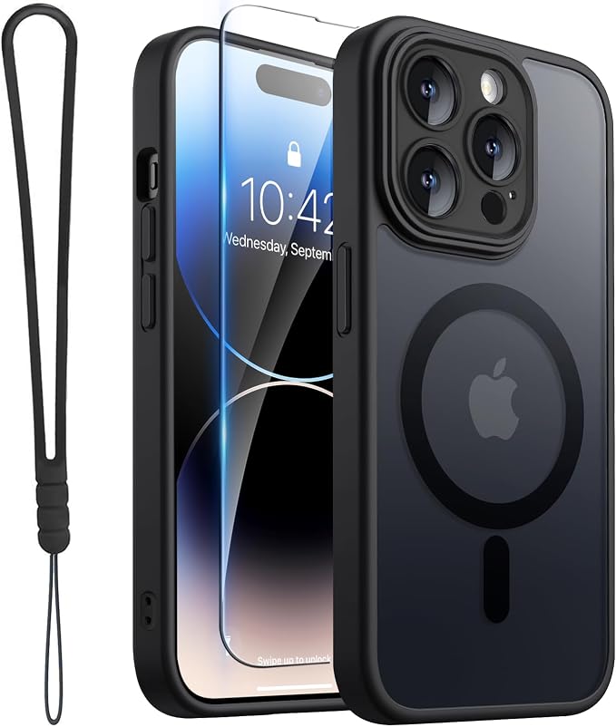 ROYBENS for iPhone 14 Pro Matte Clear Case Compatible with Magsafe, Full Camera Lens Protection, Screen Protector, Wrist Strap, Translucent Magnetic Slim Hard Protective Phone Cover, Black
