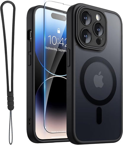 ROYBENS for iPhone 14 Pro Matte Clear Case Compatible with Magsafe, Full Camera Lens Protection, Screen Protector, Wrist Strap, Translucent Magnetic Slim Hard Protective Phone Cover, Black