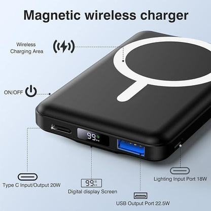 AOGUERBE for MagSafe Portable Charger, 10000mAh Magnetic Power Bank 22.5W Fast Charging, Mini Battery Pack Wireless with LED Display&Foldable Stand for iPhone 17/16/15/14/13/12 Series (Obsidian Black)