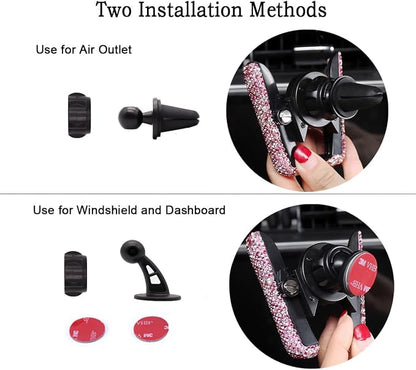 SUNCARACCL Bling Car Phone Holder - Mini Dash Air Vent Automatic Phone Mount - Universal 360Adjustable Crystal Auto Car Stand - Pink