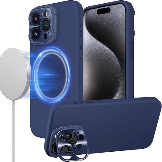 Nillkin for iPhone 15 Pro Case Silicone Upgraded[Compatible with MagSafe][Innovation Metal Camera Invisible Stand] Military Grade Protection Shockproof Phone Case for iPhone 15 Pro 6.1'' Blue