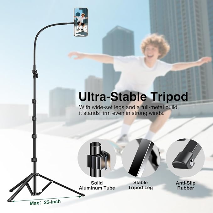 elitehood Magnetic iPhone Tripod Stand with Flexible Gooseneck, Magsafe Phone Stand for Video Recording Filming, Heavy Duty Aluminum Phone Tripod for iPhone 17 Pro Max / 17 Pro / 16 Pro Max
