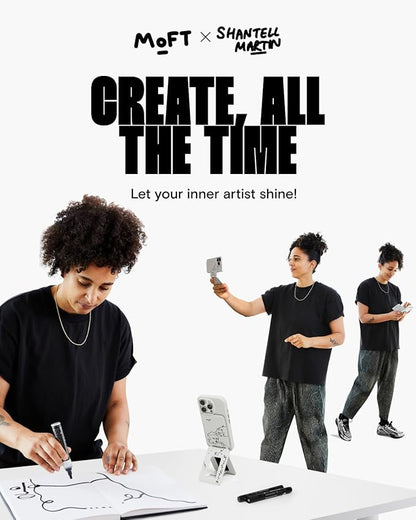 MOFT Phone Tripod Stand Selfie Stick x Shantell Martin for iPhone, Multi-Angles iPhone Stand, Lightweight & Portable Phone Holder, Strong Magnets, MOVAS Vegan Leather, Misty Cove (Without Card Slot)