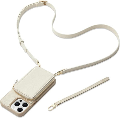 ZVE for iPhone 14 Pro Max Wallet Case Crossbody, Card Holder Phone Purse with Wrist Strap, RFID Blocking Zipper Cover for Women Compatible with iPhone 14 Pro Max, 6.7"- Beige