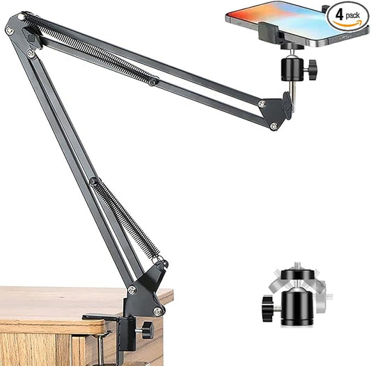 Overhead Tripod Mount for Camera Webcam Ring Light, Over Head Articulating Arm with Phone Holder and Ball Head, Desktop Suspension Scissor Accessory for Live Streaming,Video Recording