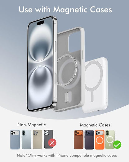 podoru for Magsafe Battery Pack, 5000mAh Magnetic Power Bank with Type-C Cable 20W PD Fast Charging Lighting Input Wireless Portable Charger for iPhone 17/16/15/14/13/12/ All Series-Snow White