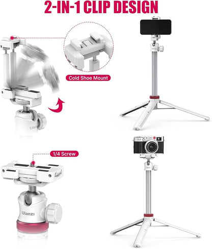 ULANZI MT-44 Extendable Phone Tripod, 59" Selfie Stick Portable Vlog Tripod Stand with 2 in 1 Phone Clip 1/4" Screw, 360° Ball Head Camera Tripod for DJI Pocket Sony Canon Action Fujifilm, White