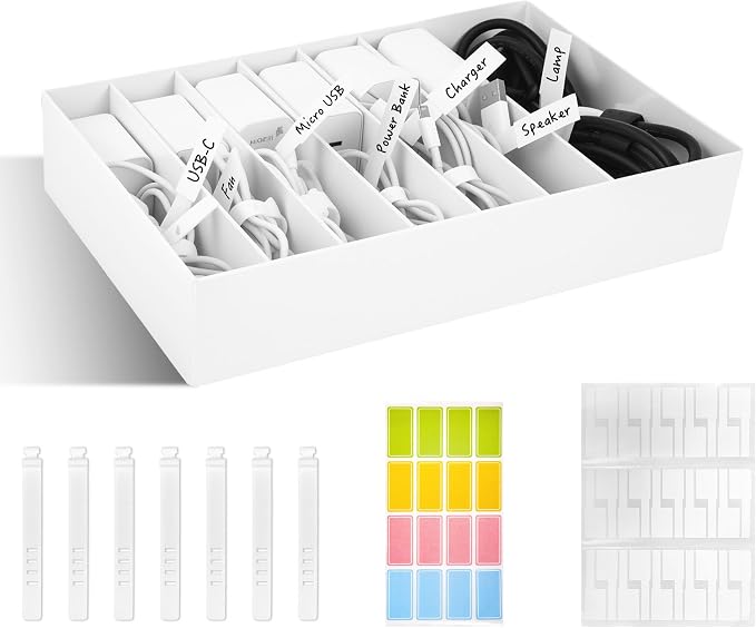 Cable Organizer Box with Wire Ties and Labels, Charger Cable Cord Storage Organizer with Adjustable Compartments, Desk Accessories Storage for Home, Office, Stackable（2Pcs）
