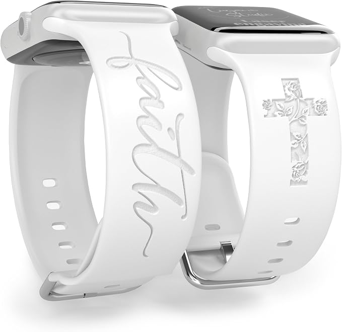 Faith with Cross Watch Band Compatible with Apple Watch Laser Engraved iWatch Band Silicone 38mm 40mm 41mm 42mm 44mm 45mm 46mm 49mm Strap Jesus Psalm Christian God Blessed (White, 38/40/41mm M/L)