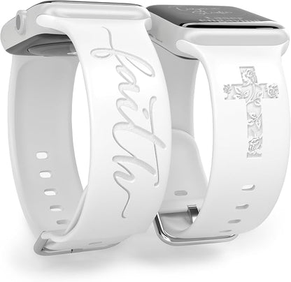 Faith with Cross Watch Band Compatible with Apple Watch Laser Engraved iWatch Band Silicone 38mm 40mm 41mm 42mm 44mm 45mm 46mm 49mm Strap Jesus Psalm Christian God Blessed (White, 38/40/41mm S/M)