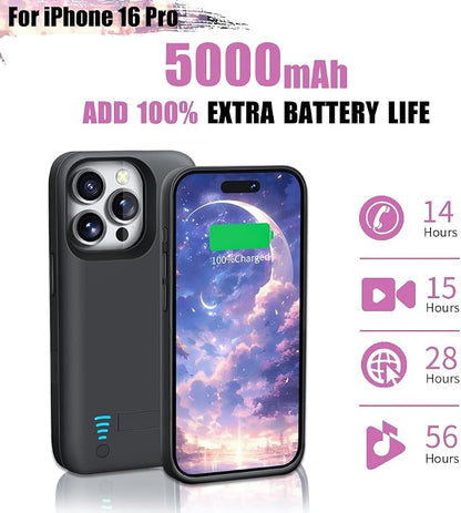 Battery Case for iPhone 16 Pro, 5000mAh Rechargeable Extended Battery Charging/Charger Case, Add 100% Extra Juice (6.3 inch) Black