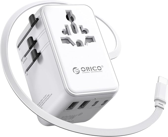 ORICO Universal Travel Adapter 100W GaN International Power Adapter | 7 in 1 (2 AC, 3 USB-C, 2 USB-A) European Travel Plug Adapter, Built-in Retractable USB-C Cable for Eu UK AU 200+ Countries