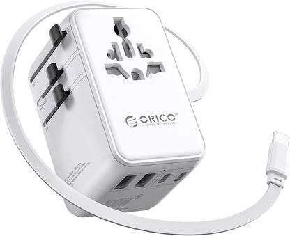 ORICO Universal Travel Adapter 100W GaN International Power Adapter | 7 in 1 (2 AC, 3 USB-C, 2 USB-A) European Travel Plug Adapter, Built-in Retractable USB-C Cable for Eu UK AU 200+ Countries