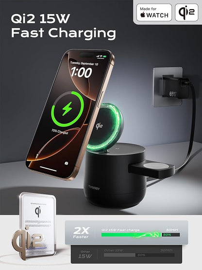 MFI Certified by Apple, 4 in 1 Magsafe Wireless Charging Station, Qi2 15W Magsafe Charger for iPhone 17/16/15/14/13/12 Series, iWatch, Airpods, iPad, 65W Charger Included (Black)
