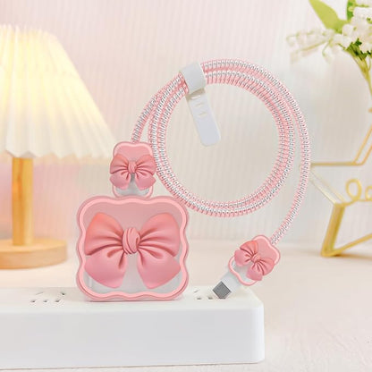 CameCosy DIY Phone Charger Storage Case Cover Sets for iPhone with Cable Protector Earphone Wire Saver, Lovely Travel Storage Bag, Cute Cable Charger Protector Cord Organizer (Pink Bow Tie)