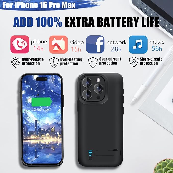 Battery Case for iPhone 16 Pro Max, 6000mAh Rechargeable Extended Battery Charging/Charger Case, Add 100% Extra Juice (6.9 Inches) Black