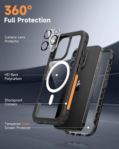 seacosmo for iPhone 16 Pro Max Case, Full Body Bumper with Built-in 9H Tempered Glass Screen and Camera Lens Protector, Compatible with MagSafe, Shockproof 16 Pro Max Phone Case, 6.9", Black