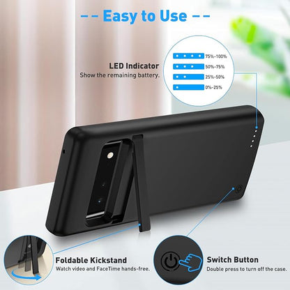 Battery Case for Google Pixel 6, Powerful 10,000mAh Portable Extended Charging Case with Kickstand, Rechargeable Backup Charger Cover for Pixel 6 5G (6.4")- Black