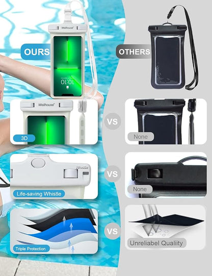 wellhouse Waterproof Phone Pouch, Waterproof Phone Case for iPhone 17 16 15 14 13 Pro Max XS Samsung, IPX8 3D Cellphone Dry Bag Beach Essentials (1 Pack - Luminous White7.0, 7 inch)