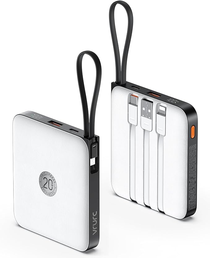 VRURC Portable Charger with Built-in Cable, 10000mAh 22.5W Fast Charging USB C Battery Pack, Cell Phone Power Bank for iPhone 17 16 15 Series Android Tablet (White)