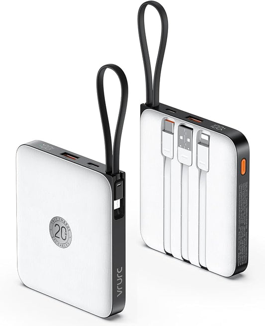 VRURC Portable Charger with Built-in Cable, 10000mAh 22.5W Fast Charging USB C Battery Pack, Cell Phone Power Bank for iPhone 17 16 15 Series Android Tablet (White)