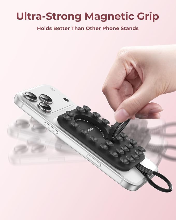 Syncwire Magnetic Suction Phone Mount for MagSafe, Silicone Octo Cup Buddy Sticky Grip Ring Holder, Hands-Free/Selfie/Video for TikTok & Instagram Influencer/Creator, iPhone Compatible,Midnight Black
