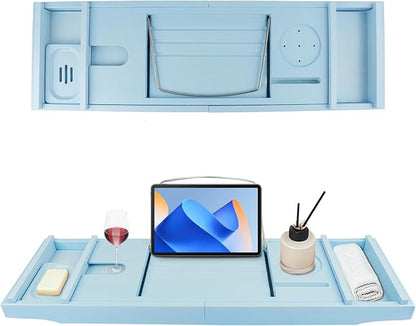 Bathtub Tray Caddy,Bamboo Bathroom Accessories,Expandable Bath Tray,Can be Placed Book and Integrated Tablet Smartphone and Wine Holder,Relaxing Gifts for Women（Blue