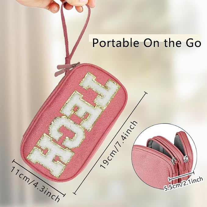 COSHAYSOO Cord Charger Organizer Travel Case Traveling Trip Gifts for Women TECH Bag Chenille Letter Pouch, Electronics Accessories Summer Camp College Dorm Essentials Must Have for Teen Girls Pink