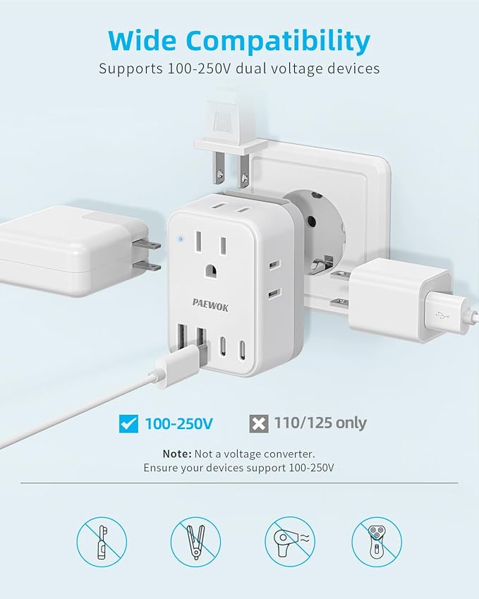 PAEWOK European Travel Plug Adapter Set, Universal Travel Adapter with 4 AC | 8-in-1 Travel Adapter, Type C/G/A/I/D/M Detachable Plugs, 4 USB Ports (2 USB C), US to EU/UK, International Power Adapter