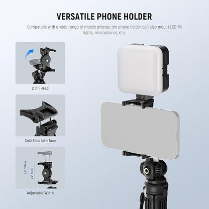 NEEWER TP38 Phone Camera Tripod Selfie Stick with Cell Phone Holder Action Camera Mount Adapter Compatible with iPhone GoPro, Mini Travel Tripod Stand with Cleaning Cloth for Vlogging Video Recording
