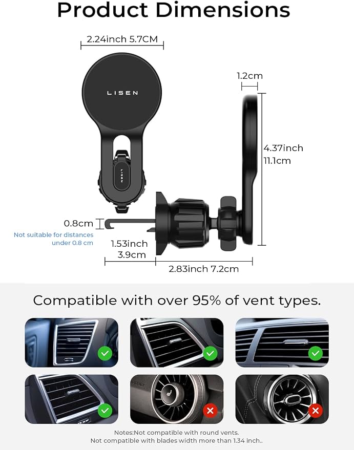 LISEN for iPhone 17 MagSafe Car Mount Charger, [Safer & Faster] Vent Magnetic Wireless Car Charger, Car Vent Phone Mount Charger Fits iPhone 17 Pro Max Air 15 14 13, Samsung with MagSafe Case,Black