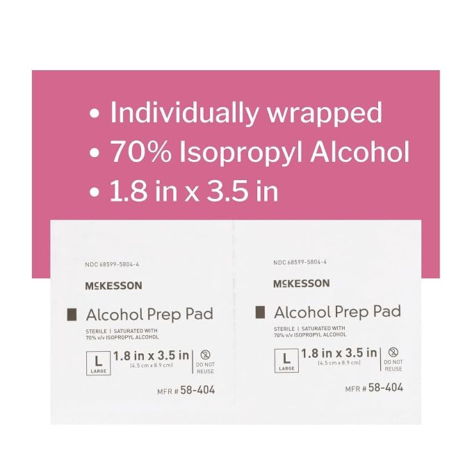McKesson Alcohol Prep Pads [Pack of 100] 70% Isopropyl, Individually Wrapped Wipes, Sterile, Medical-Grade, First Aid, Large