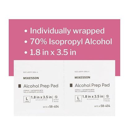 McKesson Alcohol Prep Pads [Pack of 100] 70% Isopropyl, Individually Wrapped Wipes, Sterile, Medical-Grade, First Aid, Large