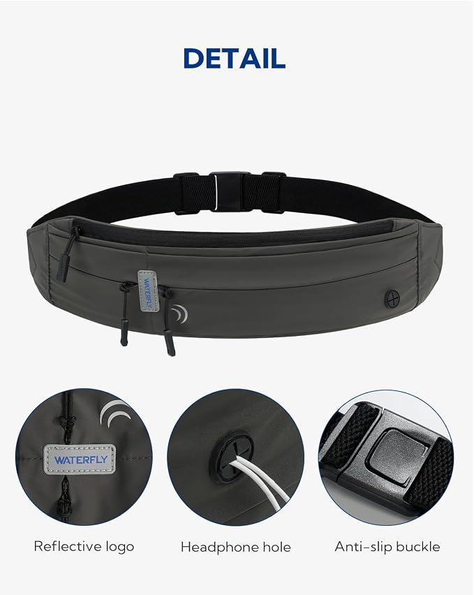 WATERFLY Running Belt Fanny Pack: Runner Marathon Jogging Waist Pack Sport Workout Exercise Fitness Phone Holder Belt for Men Women Jogger Slim Waistband Black