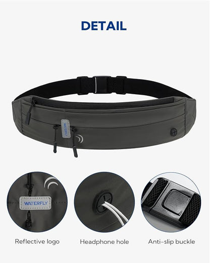 WATERFLY Running Belt Fanny Pack: Runner Marathon Jogging Waist Pack Sport Workout Exercise Fitness Phone Holder Belt for Men Women Jogger Slim Waistband Black