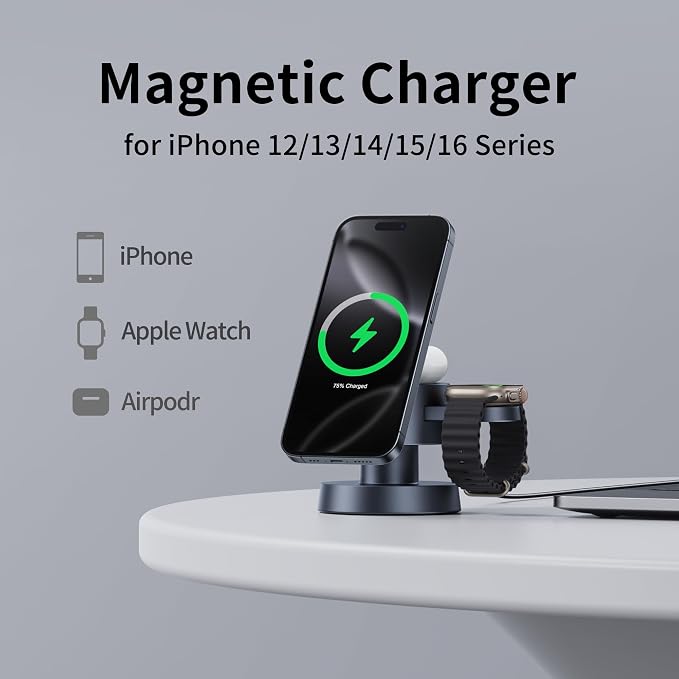 4 in 1 Magnetic Wireless Charging Station,15W Fast Charging with Adjustable Night Light for MagSafe Charger Stand,3 in 1 Wireless Charger for iPhone 17/16/15/14/13 Pro Max,Apple Watch & AirPods