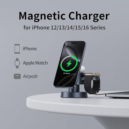 4 in 1 Magnetic Wireless Charging Station,15W Fast Charging with Adjustable Night Light for MagSafe Charger Stand,3 in 1 Wireless Charger for iPhone 17/16/15/14/13 Pro Max,Apple Watch & AirPods