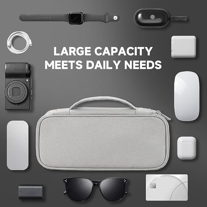 Teskyer Tech Organizer Pouch with Handle, Grey | Water-Resistant Fabric, Adjustable Dividers, Multiple Compartments, Protective Lining, Travel and Office Use